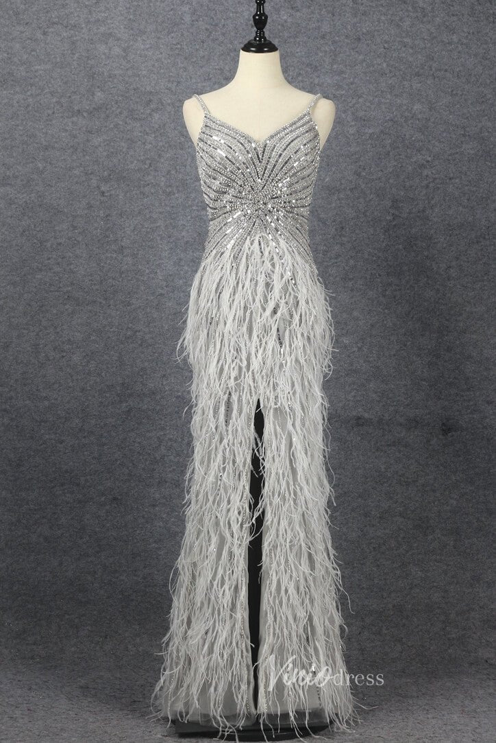 Sheath Feather Prom Dresses with Slit Beaded 20s Evening Dresses FD2477-Evening Dresses 2025 -Viniodress-Grey-US 2-