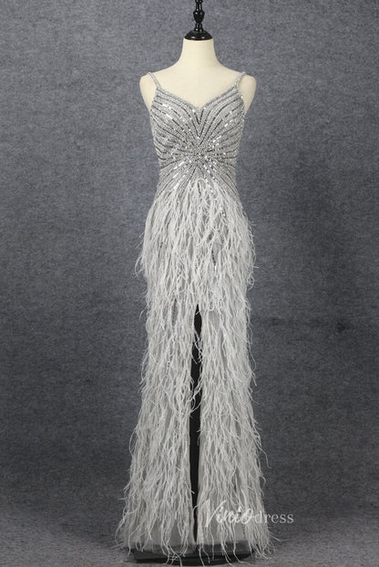 Sheath Feather Prom Dresses with Slit Beaded 20s Evening Dresses FD2477-Evening Dresses 2025 -Viniodress-Grey-US 2-