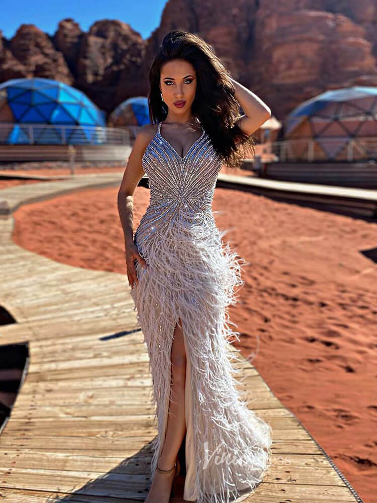 Sheath Feather Prom Dresses with Slit Beaded 20s Evening Dresses FD2477-Evening Dresses 2025 -Viniodress-Pink-US 2-