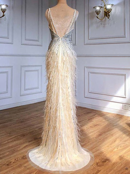 Sheath Feather Prom Dresses with Slit Beaded 20s Evening Dresses FD2477-Evening Dresses 2025 -Viniodress-Pink-US 2-
