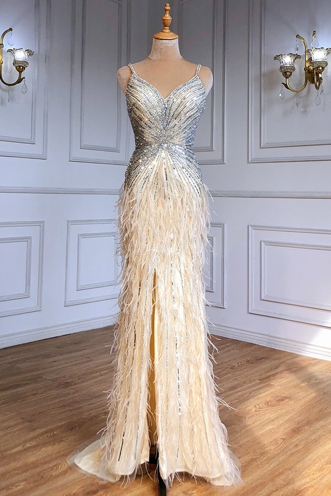 Sheath Feather Prom Dresses with Slit Beaded 20s Evening Dresses FD2477-Evening Dresses 2025 -Viniodress-Pink-US 2-
