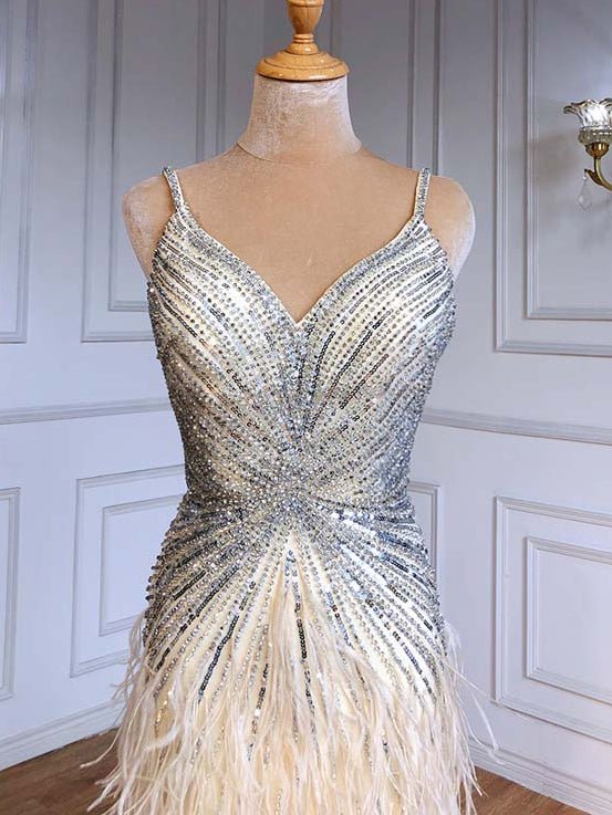 Sheath Feather Prom Dresses with Slit Beaded 20s Evening Dresses FD2477-Evening Dresses 2025 -Viniodress-Pink-US 2-