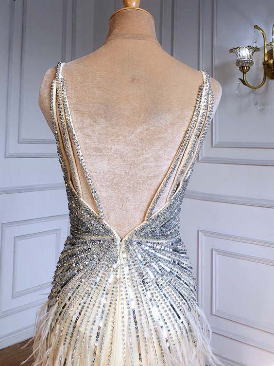 Sheath Feather Prom Dresses with Slit Beaded 20s Evening Dresses FD2477-Evening Dresses 2025 -Viniodress-Pink-US 2-