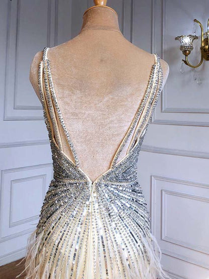 Sheath Feather Prom Dresses with Slit Beaded 20s Evening Dresses FD2477-Evening Dresses 2025 -Viniodress-Pink-US 2-