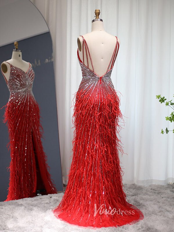 Sheath Feather Prom Dresses with Slit Beaded 20s Evening Dresses FD2477-Evening Dresses 2025 -Viniodress-Pink-US 2-
