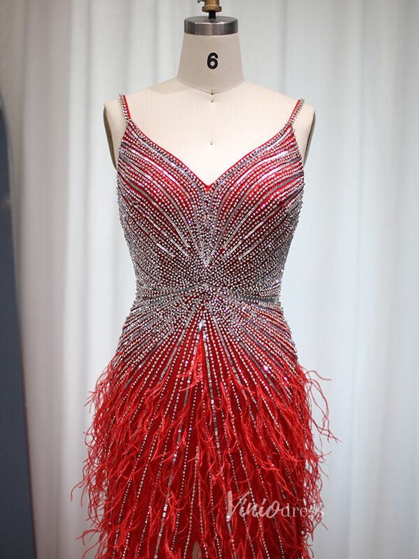 Sheath Feather Prom Dresses with Slit Beaded 20s Evening Dresses FD2477-Evening Dresses 2025 -Viniodress-Pink-US 2-