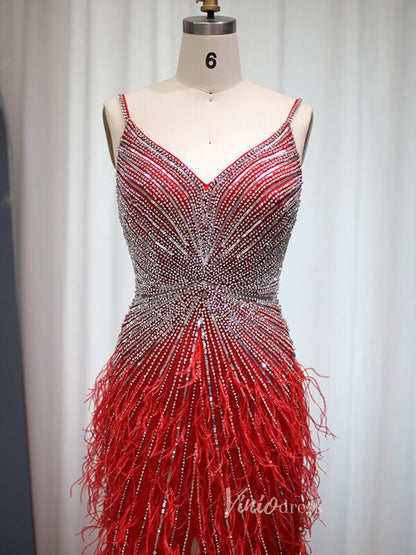 Sheath Feather Prom Dresses with Slit Beaded 20s Evening Dresses FD2477-Evening Dresses 2025 -Viniodress-Pink-US 2-
