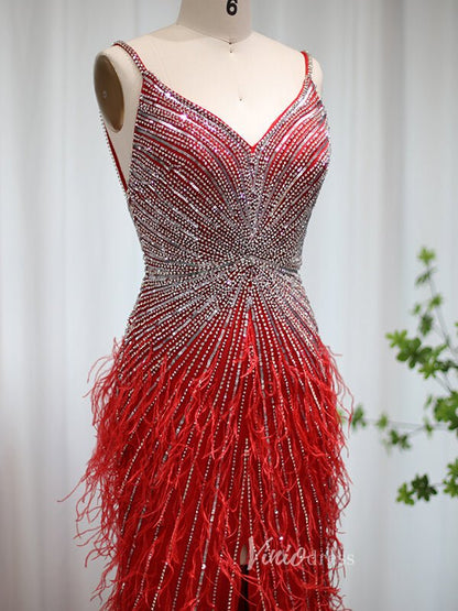 Sheath Feather Prom Dresses with Slit Beaded 20s Evening Dresses FD2477-Evening Dresses 2025 -Viniodress-Pink-US 2-
