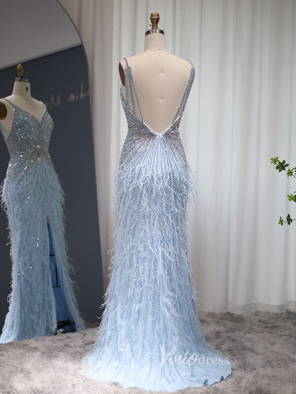 Sheath Feather Prom Dresses with Slit Beaded 20s Evening Dresses FD2477-Evening Dresses 2025 -Viniodress-Pink-US 2-
