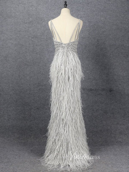 Sheath Feather Prom Dresses with Slit Beaded 20s Evening Dresses FD2477-Evening Dresses 2025 -Viniodress-Pink-US 2-