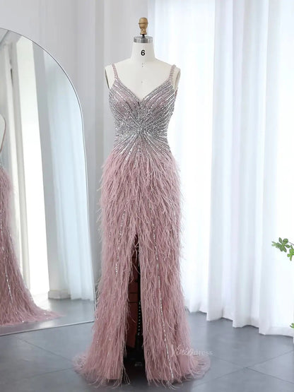 Sheath Feather Prom Dresses with Slit Beaded 20s Evening Dresses FD2477-Evening Dresses 2025 -Viniodress-Pink-US 2-