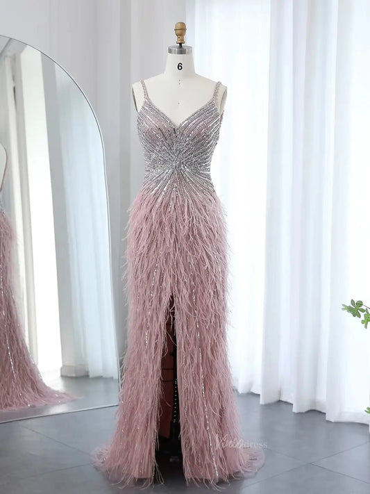 Sheath Feather Prom Dresses with Slit Beaded 20s Evening Dresses FD2477-Evening Dresses 2025 -Viniodress-Pink-US 2-