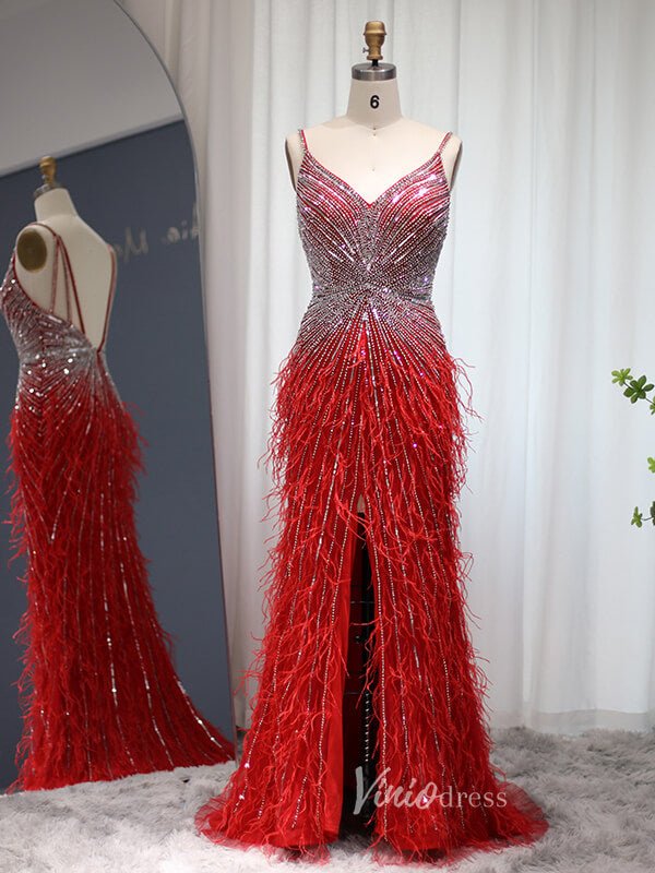 Sheath Feather Prom Dresses with Slit Beaded 20s Evening Dresses FD2477-Evening Dresses 2025 -Viniodress-Red-US 2-