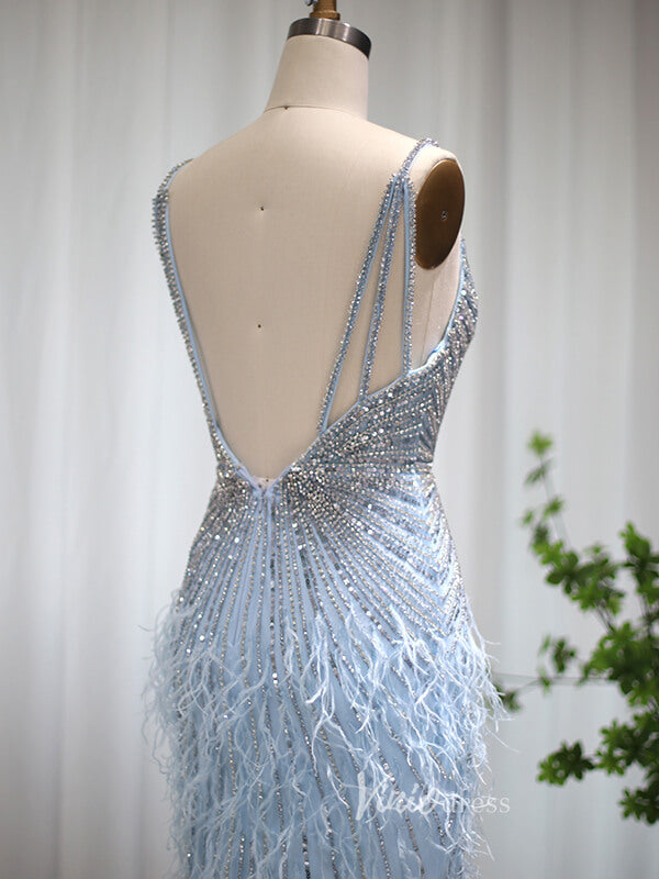 Prom Dress 2025 Spaghetti Strap Sheath Prom Dress Beaded Feather 20s Evening Dress FD2477-unique prom dresses-Light Blue-US 2-Viniodress