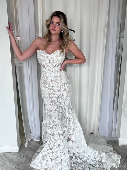 Sheath Floral Lace Boho Wedding Dresses Strapless TS001B-wedding dresses 2025 -Viniodress-Nude-Custom Size-