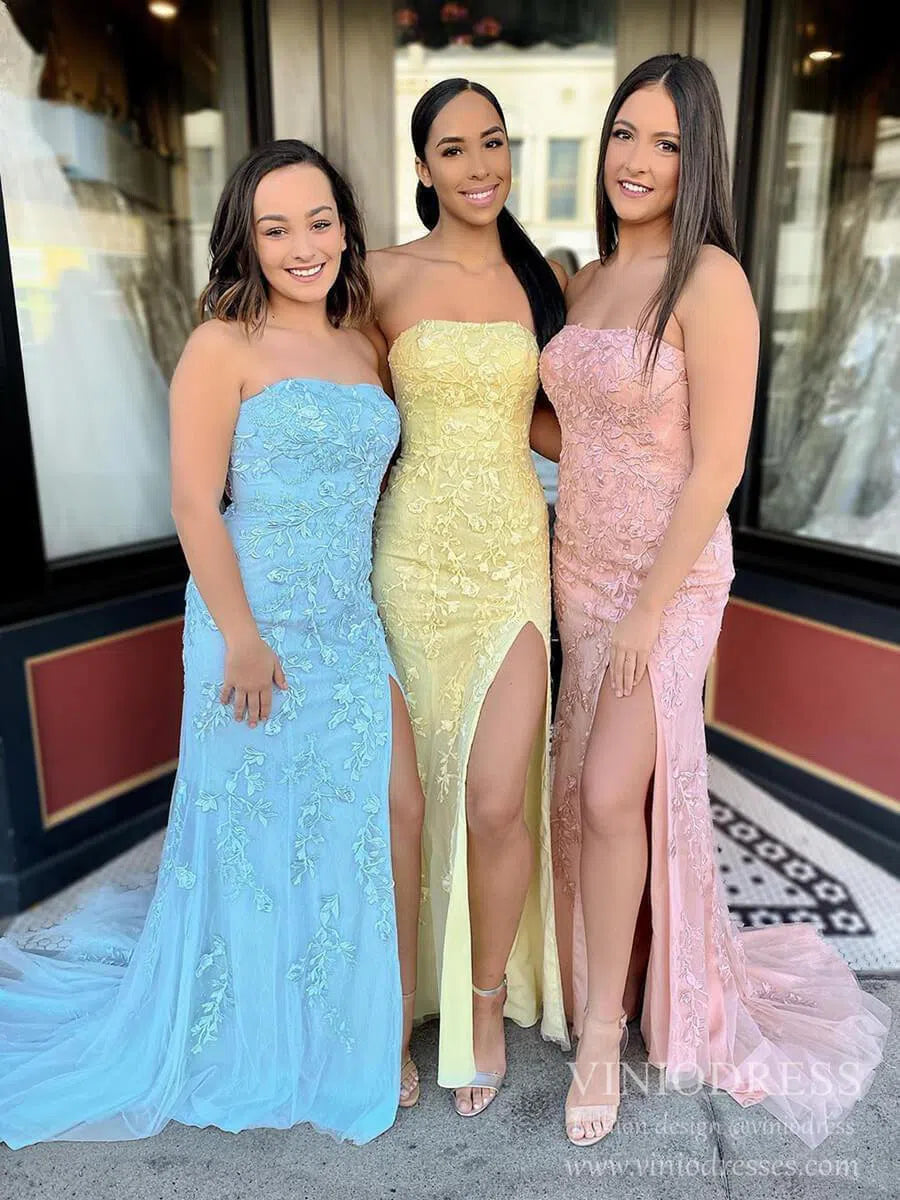 Sheath Lace Appliqued Long Prom Dresses with Slit FD1250B Strapless, lace-up back-prom dresses 2025 -Viniodress-Black-Custom Size-