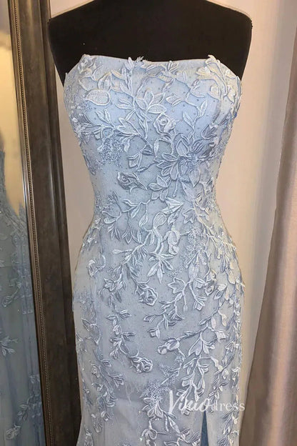 Sheath Lace Appliqued Long Prom Dresses with Slit FD1250B Strapless, lace-up back-prom dresses 2025 -Viniodress-Black-Custom Size-