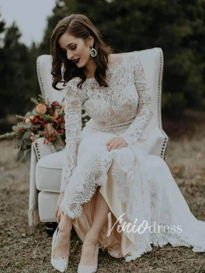 Sheath Lace Boho Wedding Dresses with Long Sleeves VW1183-wedding dresses 2025 -Viniodress-Ivory-Custom Size-