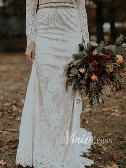 Sheath Lace Boho Wedding Dresses with Long Sleeves VW1183-wedding dresses 2025 -Viniodress-Ivory-Custom Size-