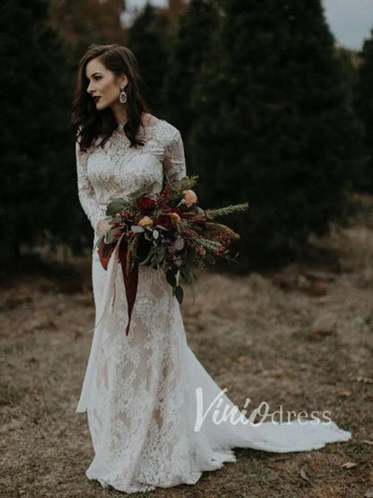 Sheath Lace Boho Wedding Dresses with Long Sleeves VW1183-wedding dresses 2025 -Viniodress-Ivory-Custom Size-