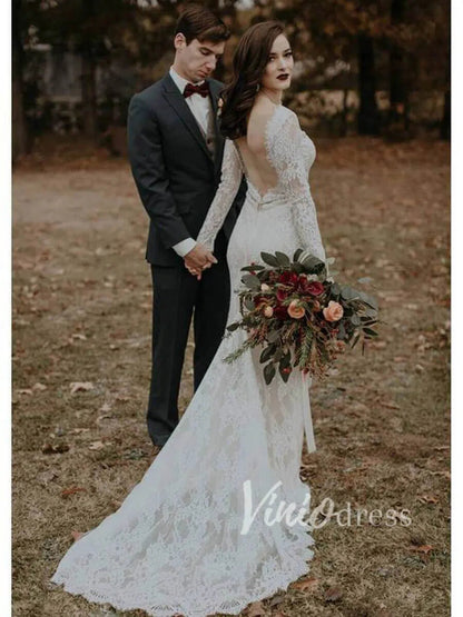 Sheath Lace Boho Wedding Dresses with Long Sleeves VW1183-wedding dresses 2025 -Viniodress-Ivory-Custom Size-