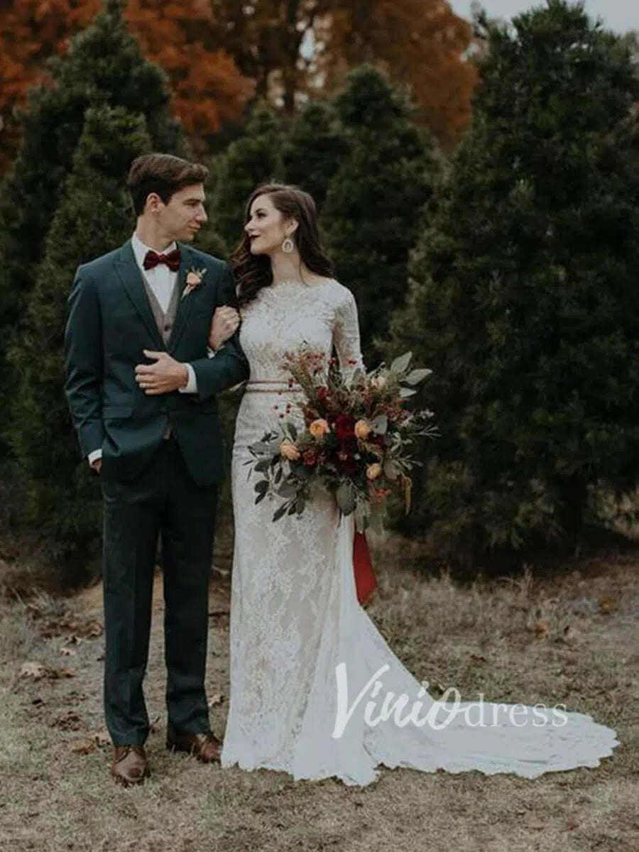 Sheath Lace Boho Wedding Dresses with Long Sleeves VW1183-wedding dresses 2025 -Viniodress-Ivory-Custom Size-
