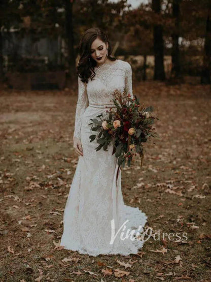 Sheath Lace Boho Wedding Dresses with Long Sleeves VW1183-wedding dresses 2025 -Viniodress-Ivory-Custom Size-