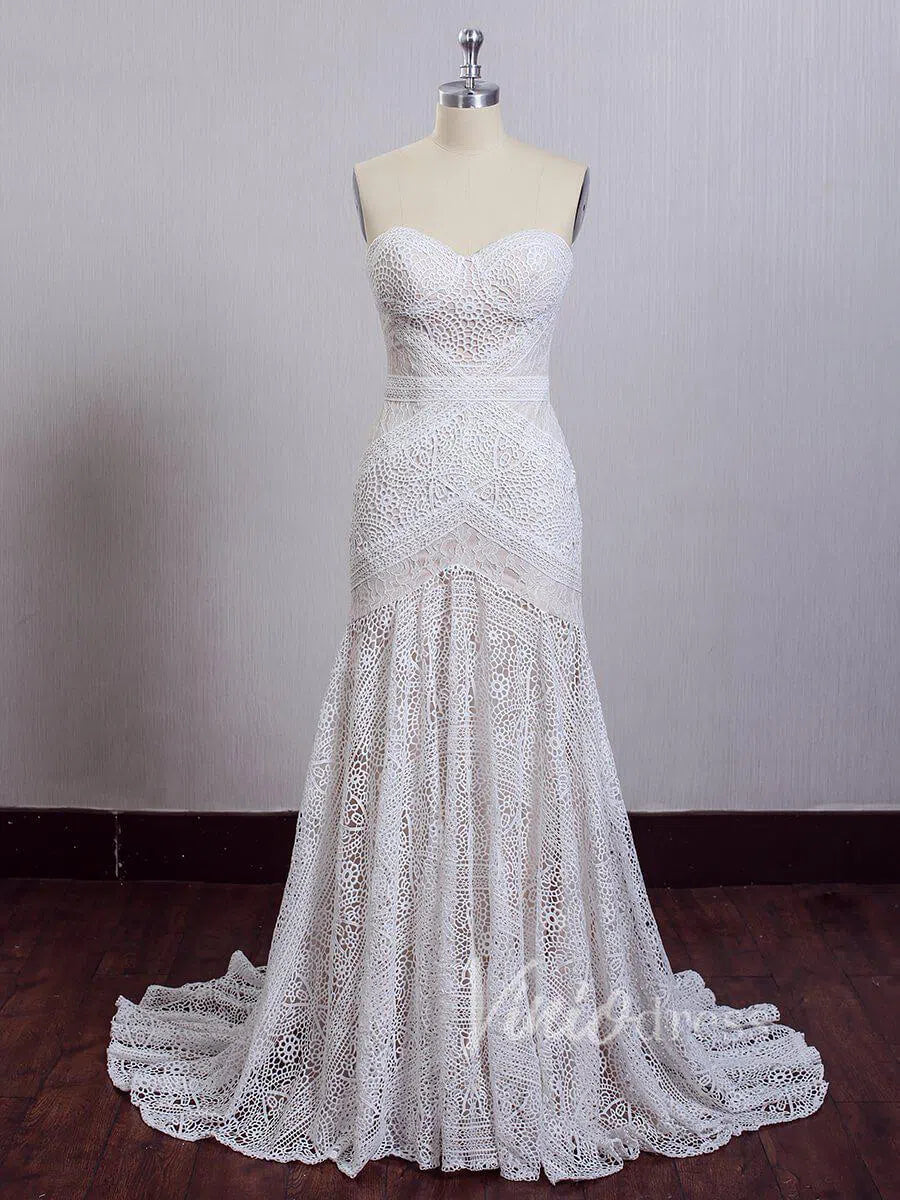 Sheath Lace Boho Wedding Dresses with Removable Sleeves VW1092-wedding dresses 2025 -Viniodress-Zipper-As Picture-Custom Size