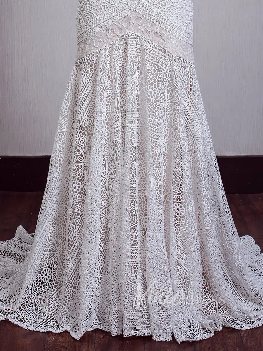 Sheath Lace Boho Wedding Dresses with Removable Sleeves VW1092-wedding dresses 2025 -Viniodress-Zipper-As Picture-Custom Size