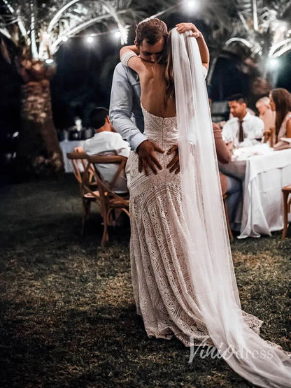 Sheath Lace Boho Wedding Dresses with Removable Sleeves VW1092-wedding dresses 2025 -Viniodress-Zipper-As Picture-Custom Size