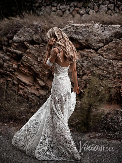 Sheath Lace Boho Wedding Dresses with Removable Sleeves VW1092-wedding dresses 2025 -Viniodress-Zipper-As Picture-Custom Size