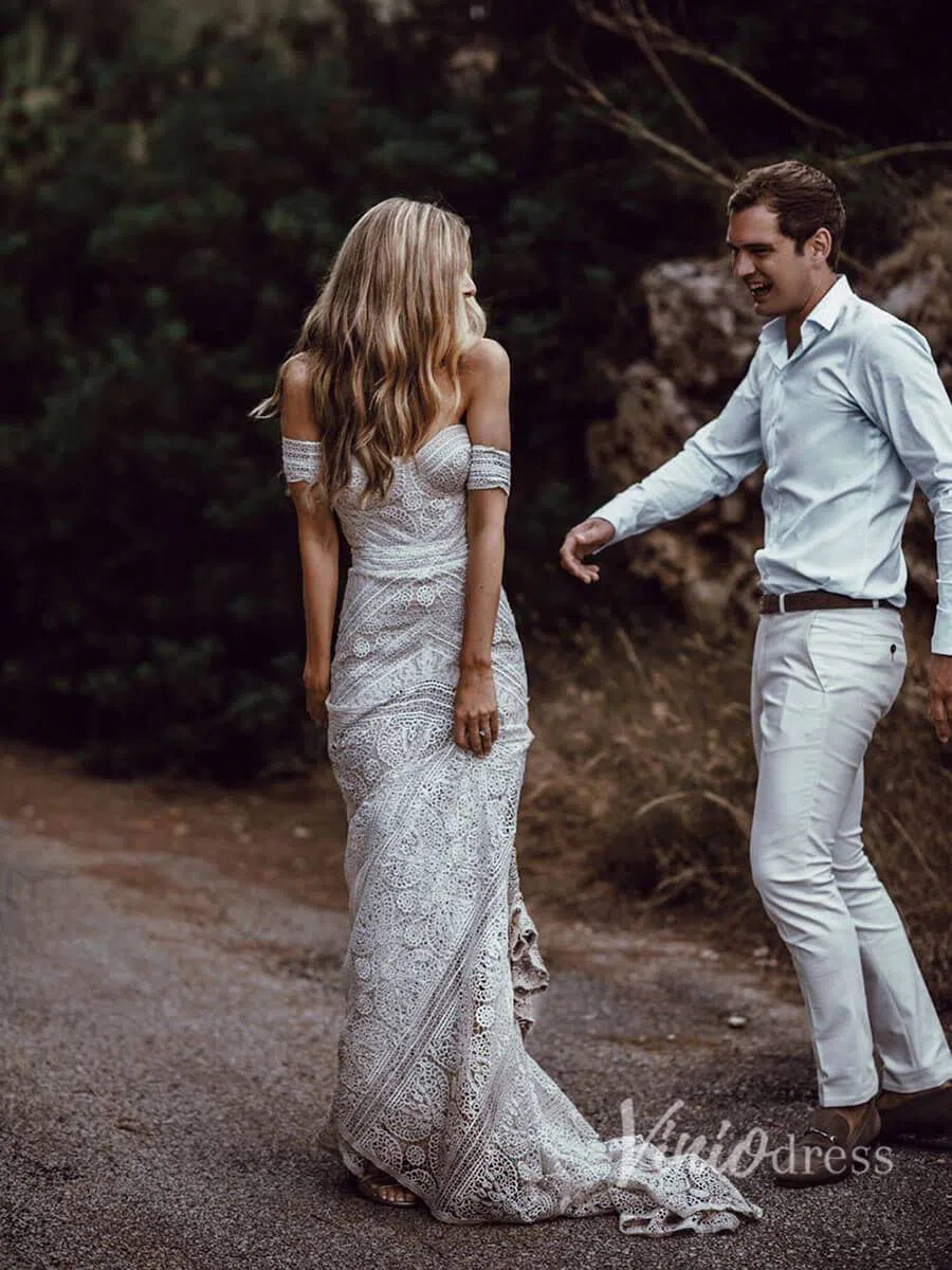 Sheath Lace Boho Wedding Dresses with Removable Sleeves VW1092-wedding dresses 2025 -Viniodress-Zipper-As Picture-Custom Size