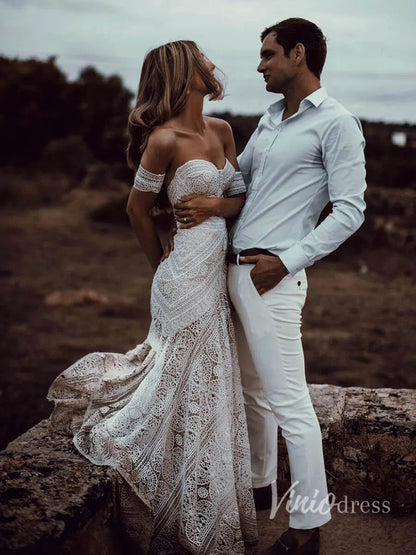 Sheath Lace Boho Wedding Dresses with Removable Sleeves VW1092-wedding dresses 2025 -Viniodress-Zipper-As Picture-Custom Size