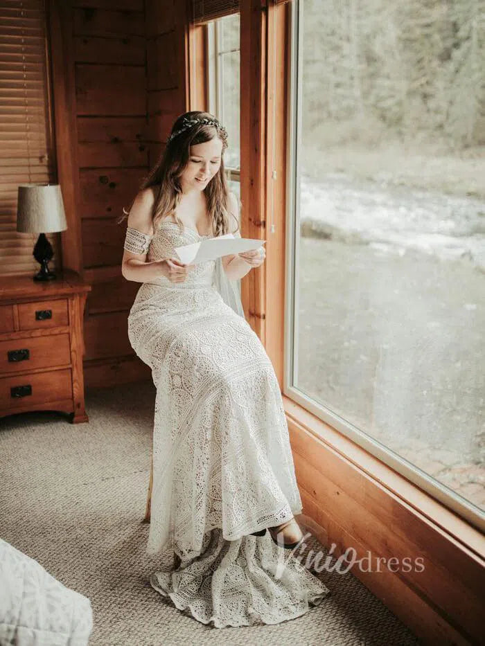 Sheath Lace Boho Wedding Dresses with Removable Sleeves VW1092-wedding dresses 2025 -Viniodress-Zipper-As Picture-Custom Size