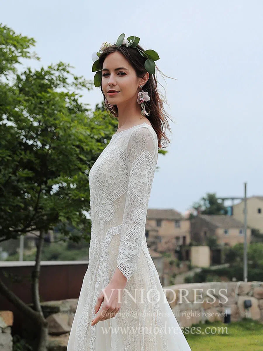 Sheath Lace Boho Wedding Dresses with Sleeves Beach Wedding Dress VW1047-wedding dresses-Viniodress-Viniodress