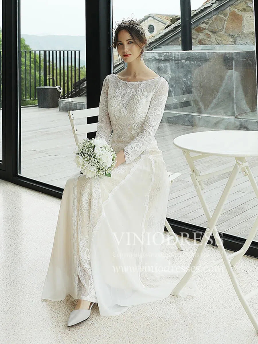 Sheath Lace Boho Wedding Dresses with Sleeves Beach Wedding Dress VW1047-wedding dresses-Viniodress-Champagne-Custom Size-Viniodress