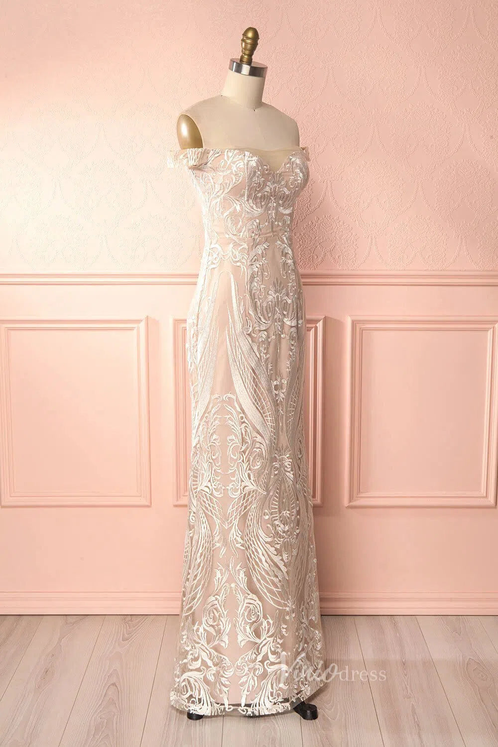 Sheath Lace Wedding Dress Off the Shoulder VW1158-wedding dresses-Viniodress-Viniodress