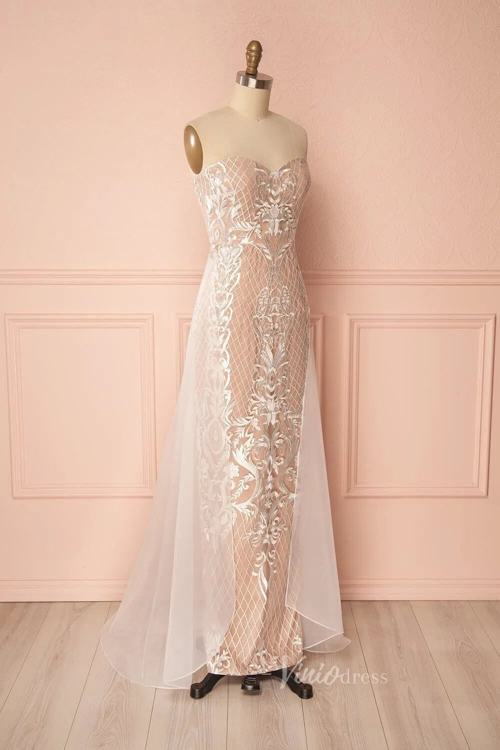 Sheath Lace Wedding Dress with Removable Overskirt VW1064-wedding dresses-Viniodress-Viniodress