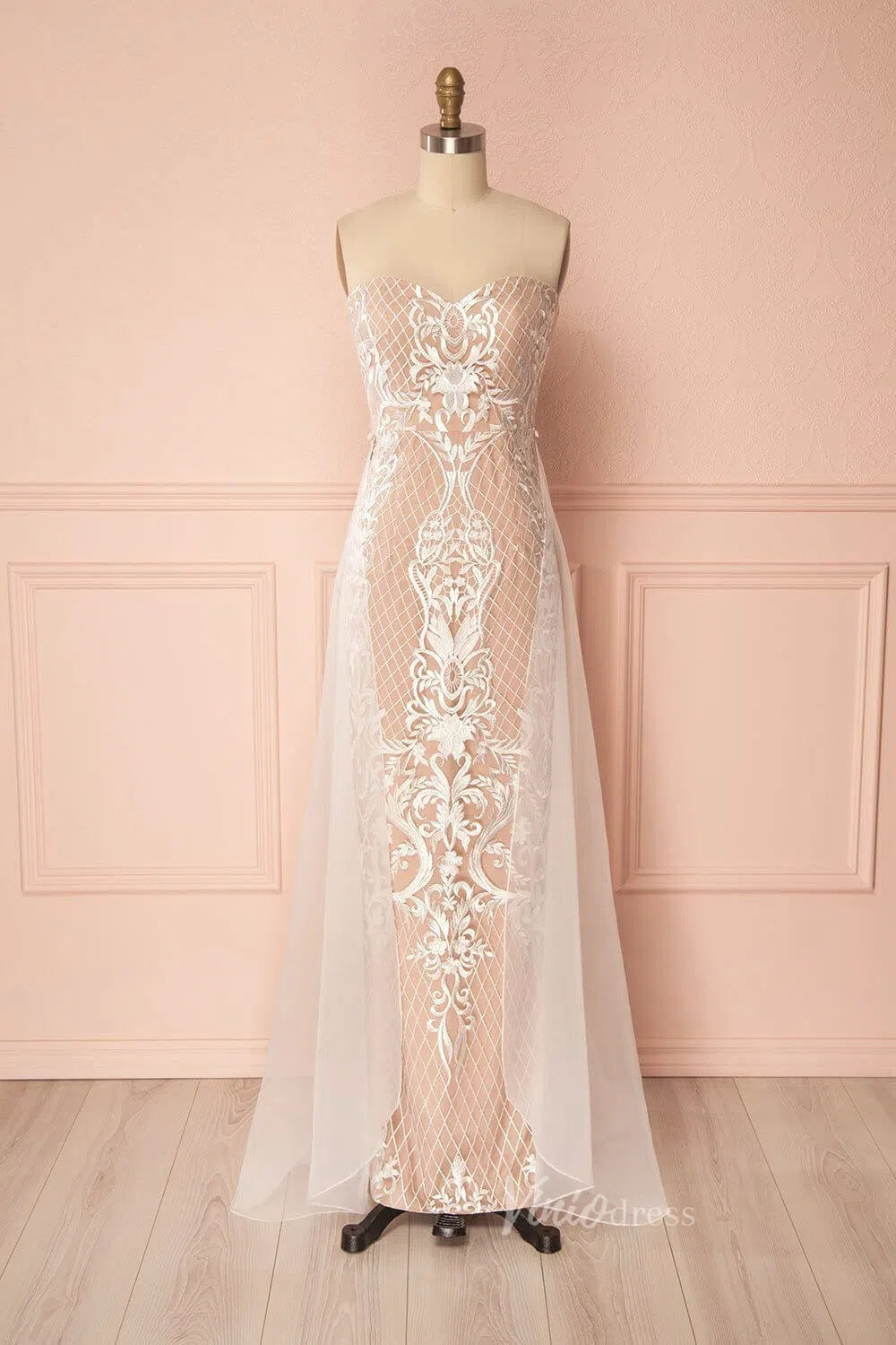 Sheath Lace Wedding Dress with Removable Overskirt VW1064-wedding dresses-Viniodress-Ivory-US 2-Viniodress