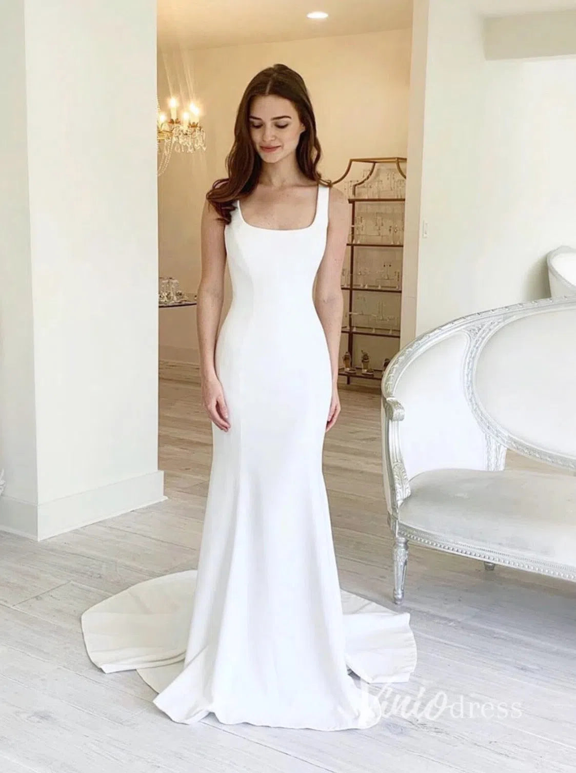 Sheath Modern Satin Wedding Dresses Square Neck Bridal Gown VW2152-wedding dresses-Viniodress-Ivory-Custom Size-Viniodress