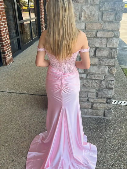 Sheath Pink Satin Prom Dresses 2025 with Slit, Lace Bodice & Off the Shoulder - FD6014-prom dresses 2025 -Viniodress-Pink-Custom Size-