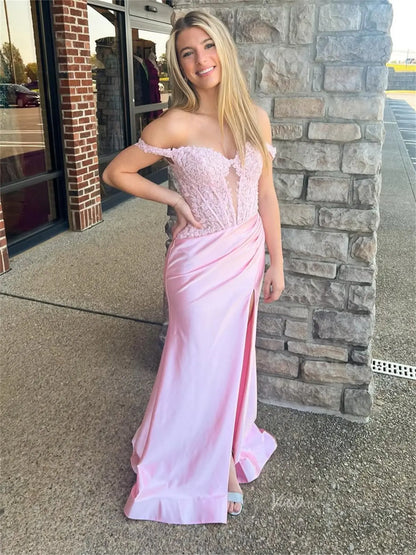 Sheath Pink Satin Prom Dresses 2025 with Slit, Lace Bodice & Off the Shoulder - FD6014-prom dresses 2025 -Viniodress-Pink-Custom Size-