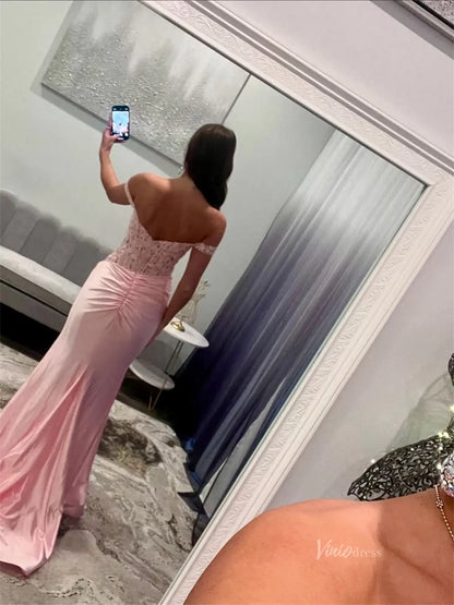 Sheath Pink Satin Prom Dresses 2025 with Slit, Lace Bodice & Off the Shoulder - FD6014-prom dresses 2025 -Viniodress-Pink-Custom Size-