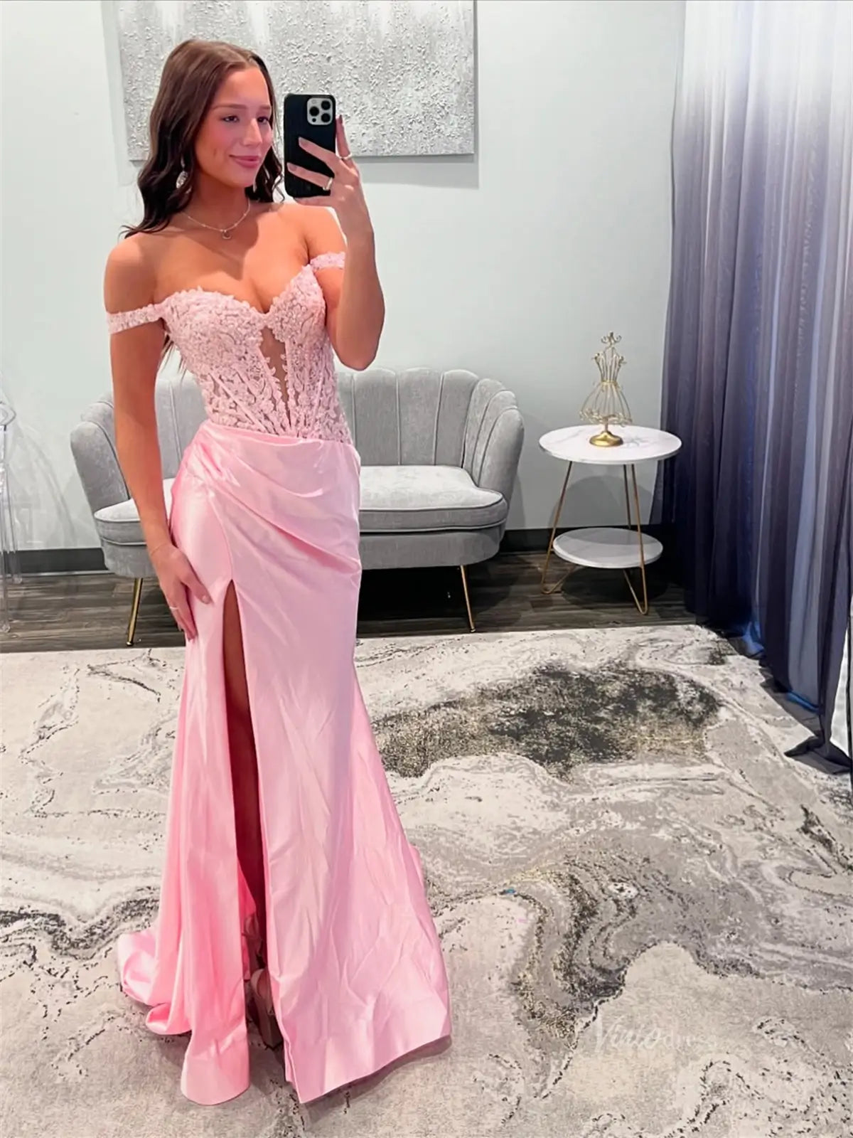 Sheath Pink Satin Prom Dresses 2025 with Slit, Lace Bodice & Off the S Viniodress Sheath Pink Satin Prom Dresses 2025 with Slit, Lace Bodice & Off the S Viniodress