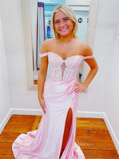 Sheath Pink Satin Prom Dresses 2025 with Slit, Lace Bodice & Off the Shoulder - FD6014-prom dresses 2025 -Viniodress-Pink-Custom Size-