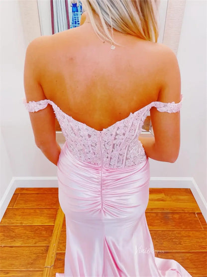 Sheath Pink Satin Prom Dresses 2025 with Slit, Lace Bodice & Off the Shoulder - FD6014-prom dresses 2025 -Viniodress-Pink-Custom Size-
