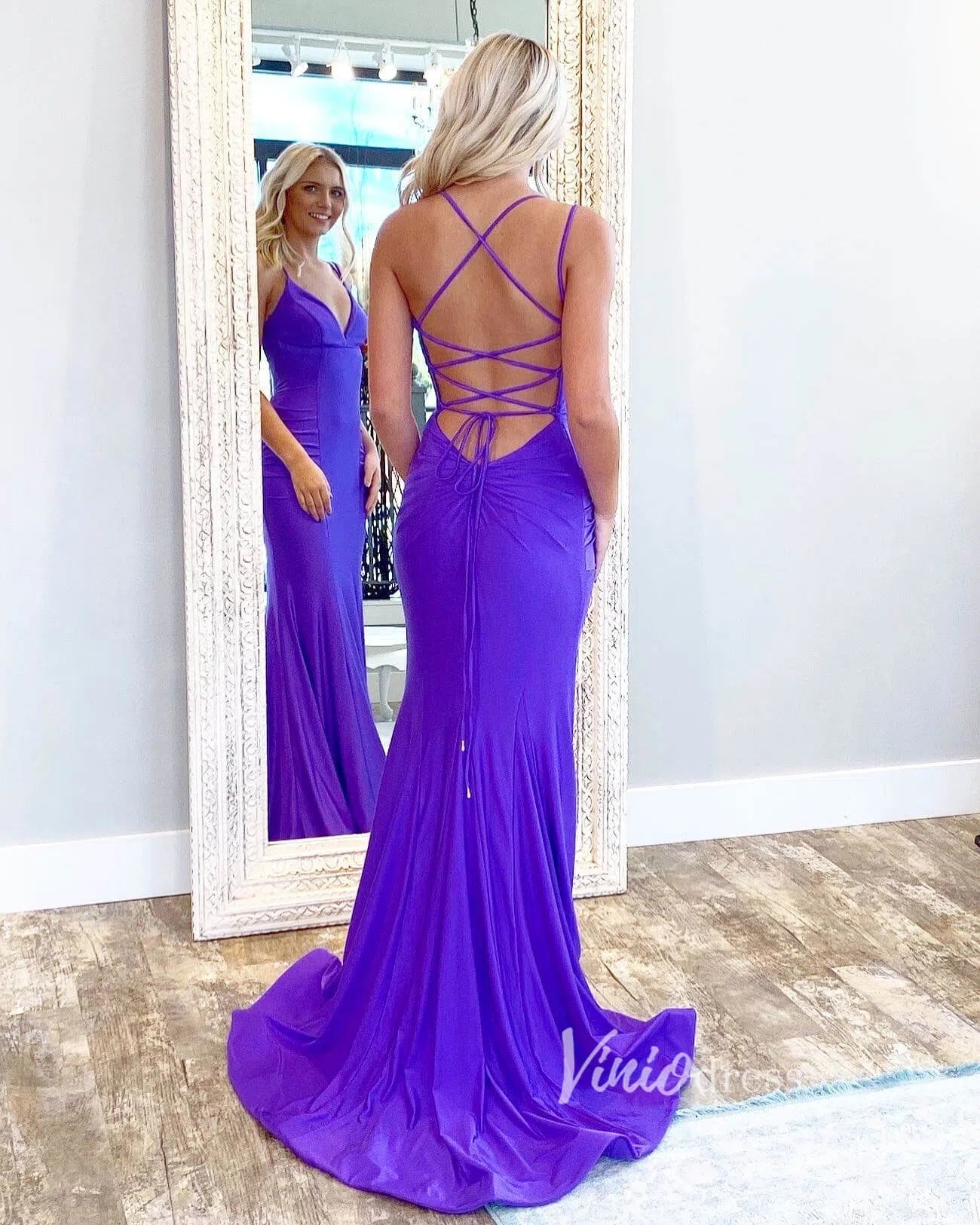 Sheath Purple Prom Dresses Lace up Back Evening Gown High Slit FD2709-prom dresses 2025 -Viniodress-Purple-Custom Size-