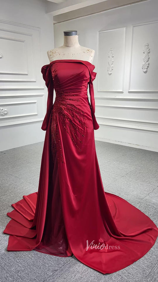 Sheath Red Formal Dress Pageant Gown with Removable Sleeves 67153 viniodress-prom dresses 2025 -Viniodress-Red-Custom Size-