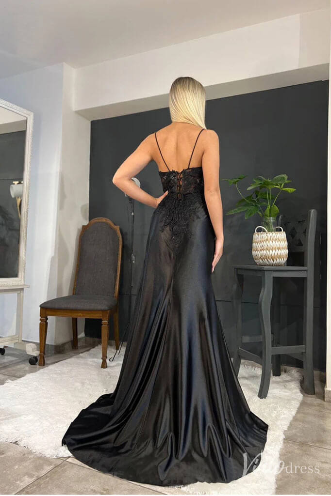 Sheath Satin Prom Dresses with Slit, Spaghetti Strap, V-neck, Lace Appliqued Formal Dresses FD1523-prom dresses 2025 -Viniodress-Black-Custom Size-