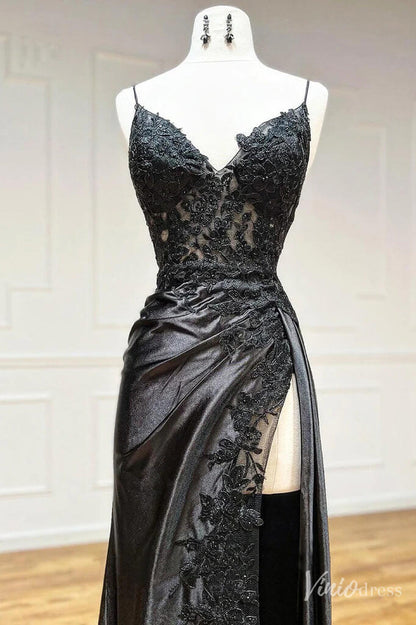 Sheath Satin Prom Dresses with Slit, Spaghetti Strap, V-neck, Lace Appliqued Formal Dresses FD1523-prom dresses 2025 -Viniodress-Black-Custom Size-
